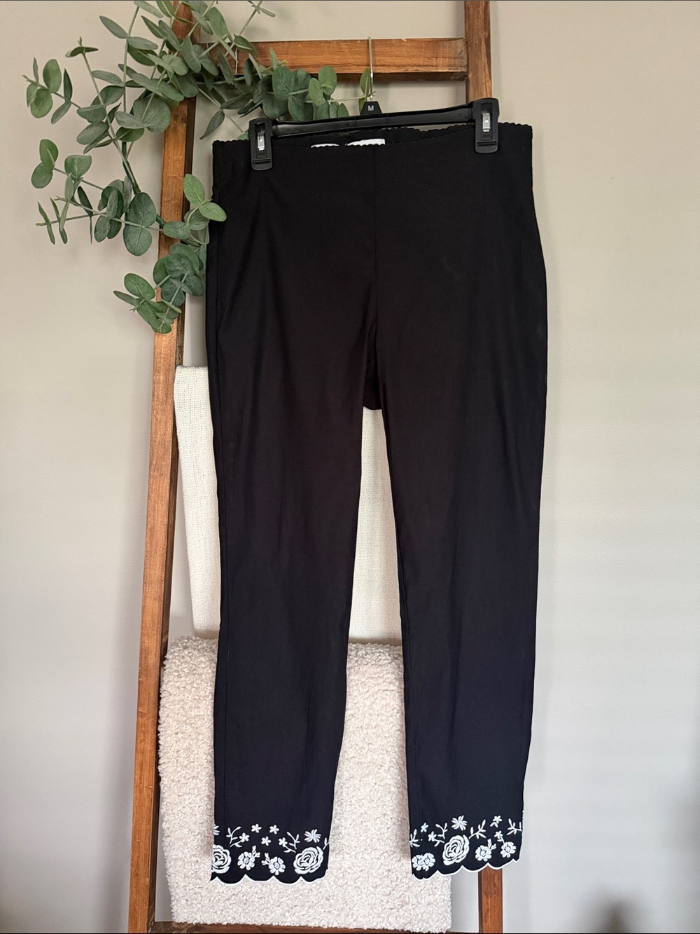 Elle Black Skinny Pants with White Floral Hem